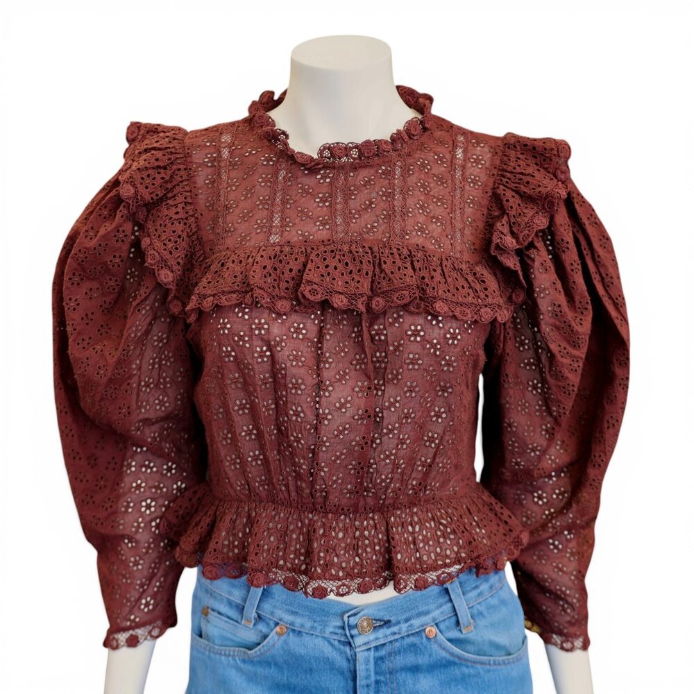 DÔEN Floryn Ruffled Eyelet Top | Antique Walnut | Size M